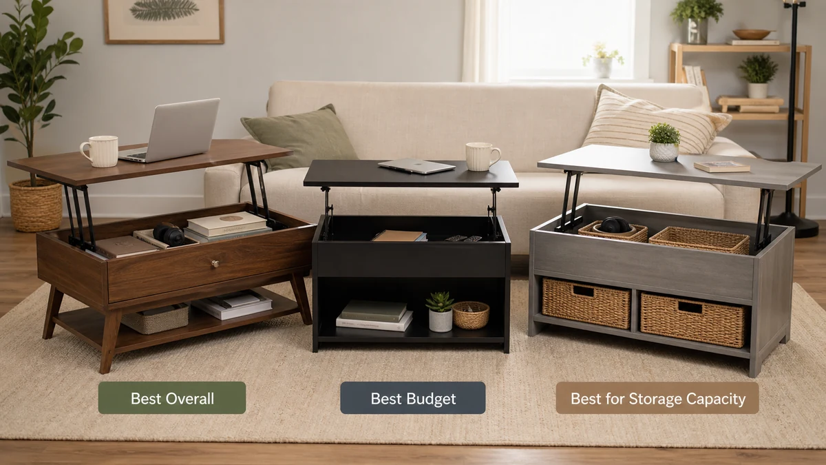 Best Lift Top Coffee Table for Small Living Rooms 2026 2 Three lift top coffee tables compared side by side