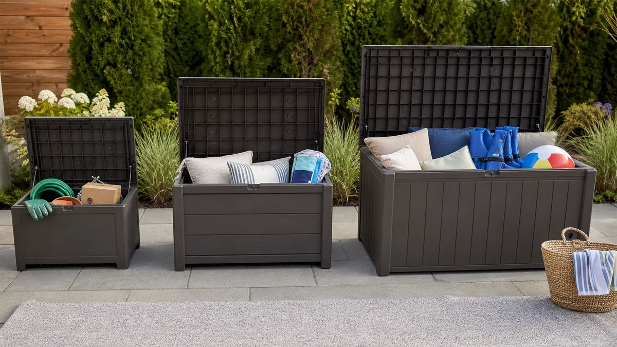 Best Outdoor Deck Box 2026: 3 Tested Picks 5 Three outdoor deck boxes in a comparison test scene