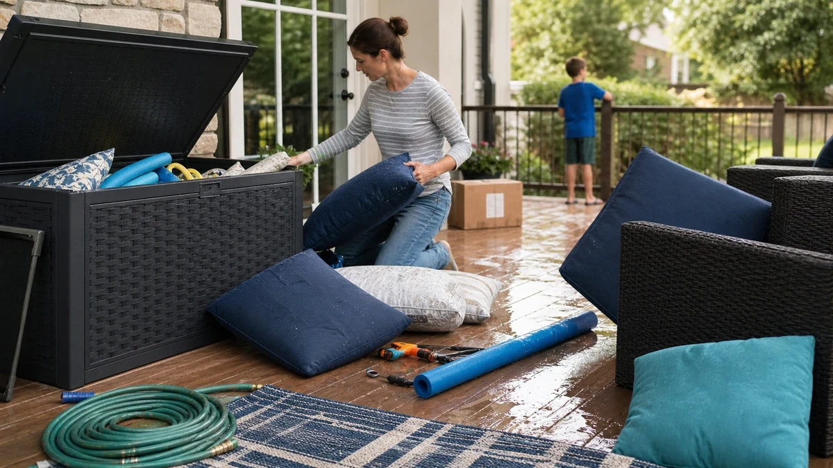 Outdoor Deck Box Trend 2026: Why Patio Storage Is Surging 2 Patio cushions and pool toys before outdoor deck box cleanup