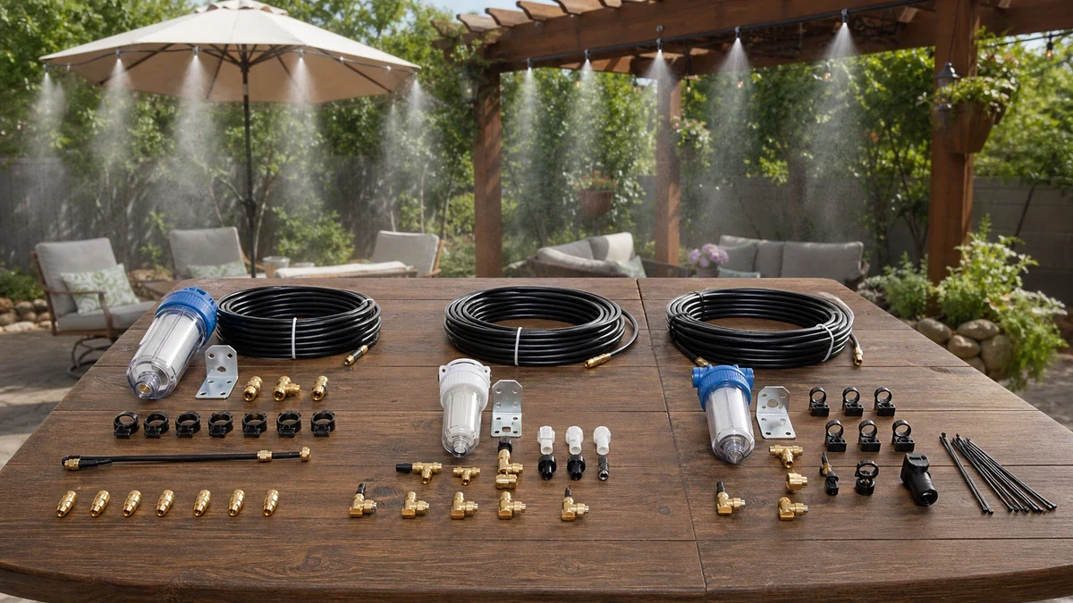 Best Patio Misting System: 3 Product Comparison 2 Three patio misting kits compared on an outdoor work table