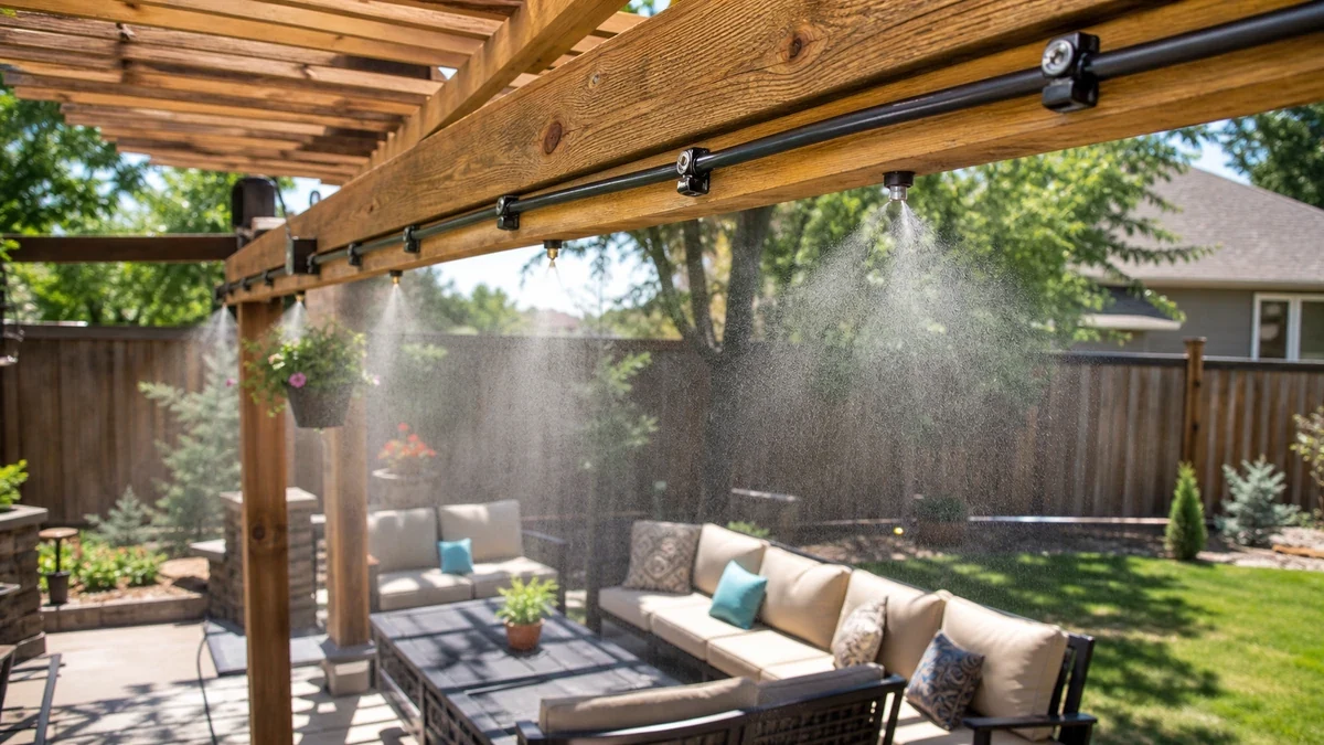 Patio Misting System Trend 2026: Why Outdoor Cooling Kits Are Surging 2 Backyard patio with a misting line cooling a seating area