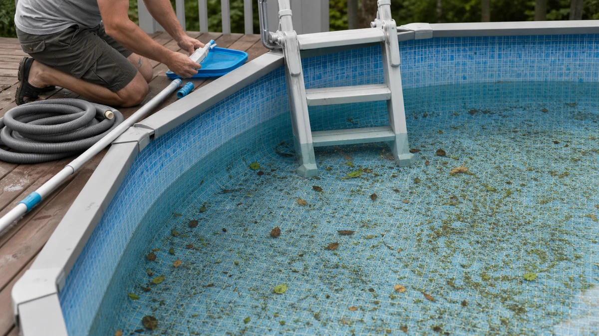 Above-ground pool debris before pool vacuum cleaning