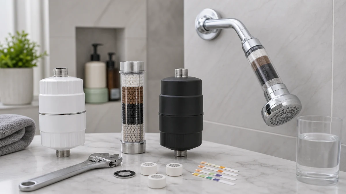 Three shower filter products compared in a bathroom testing setup