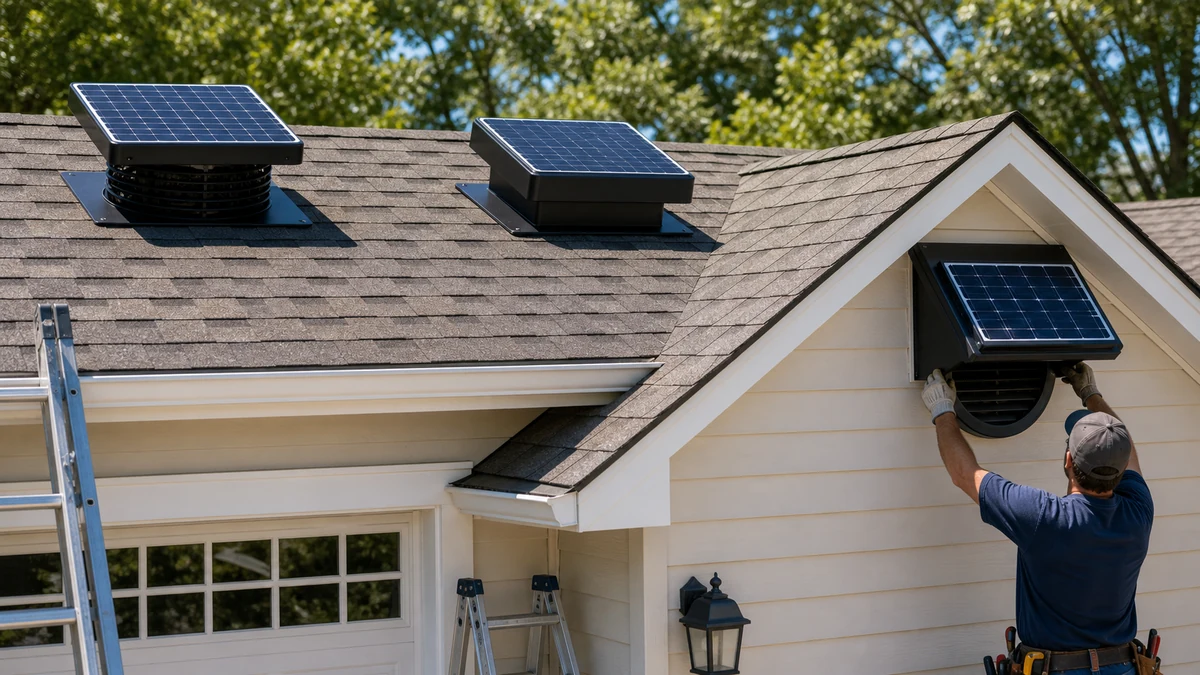 Three solar attic fan install styles compared across roof and gable mounting setups