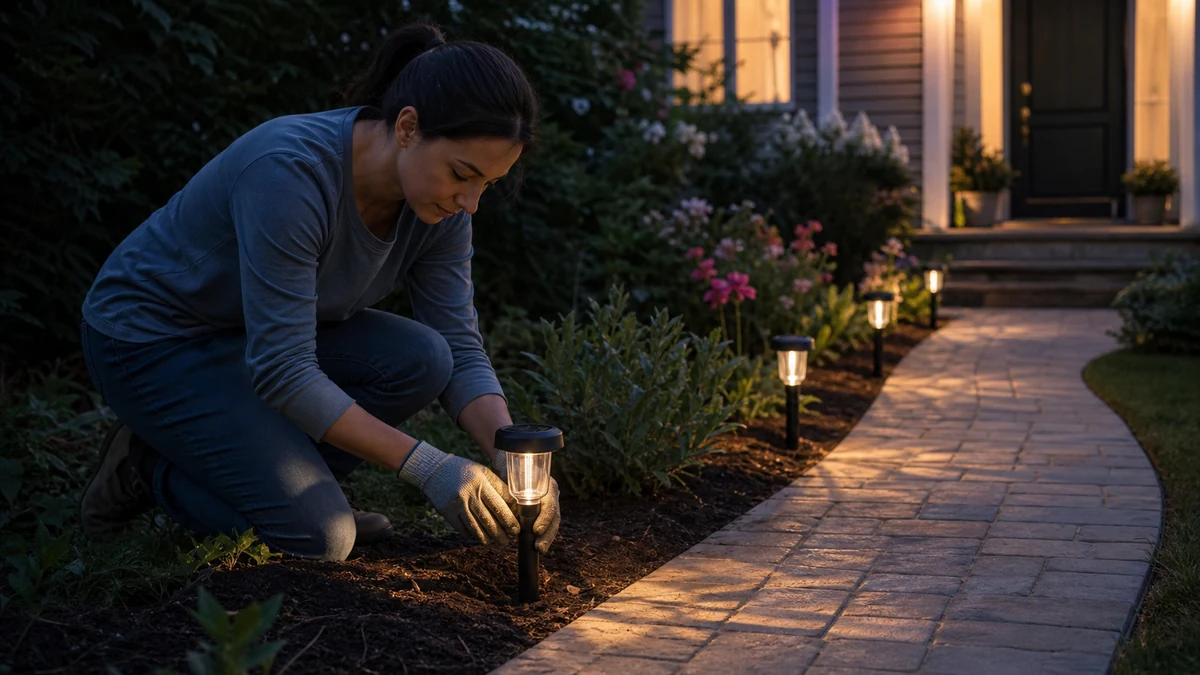 Dark front walkway before solar pathway lights are installed