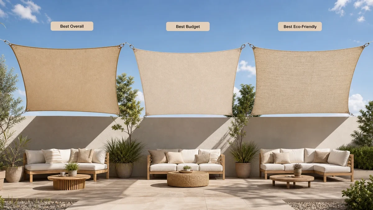 Three patio sun shade sail options compared side by side in bright outdoor light