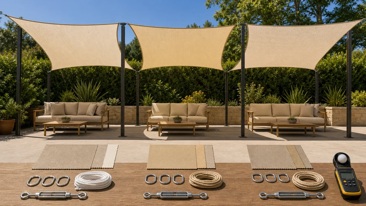 Sun shade sail fabric and mounting hardware arranged for comparison testing