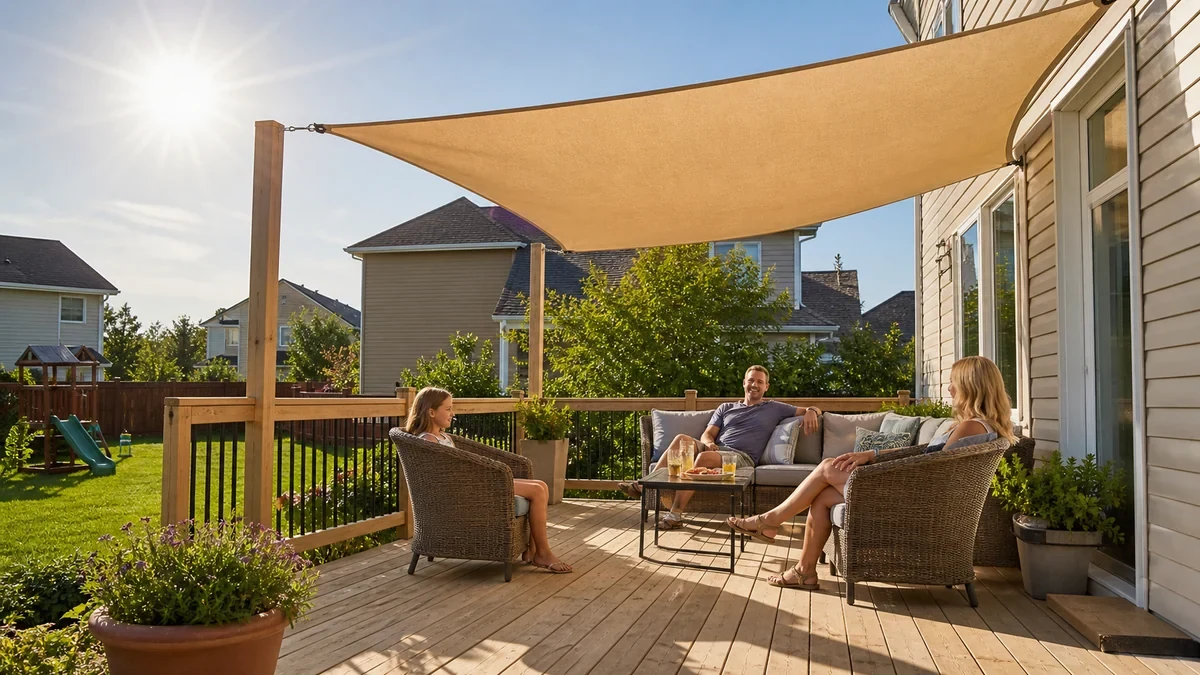 Sun shade sail casting shade over a sunny backyard patio seating area