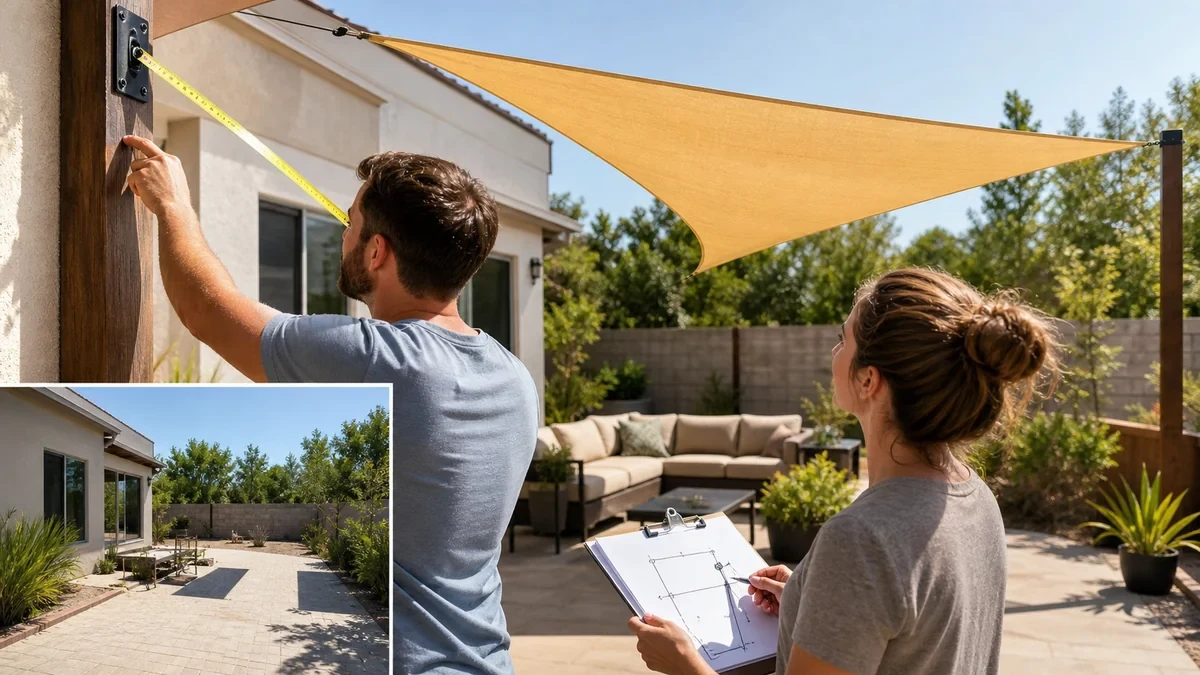 Homeowners measuring a patio for a sun shade sail installation