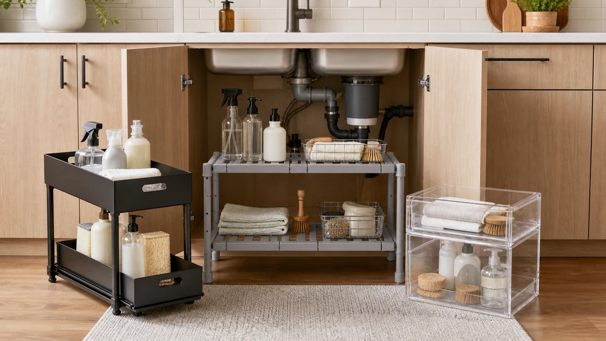 Best Under Sink Organizer 2026: 3 Tested Picks 5 Three under sink organizers compared on a kitchen counter