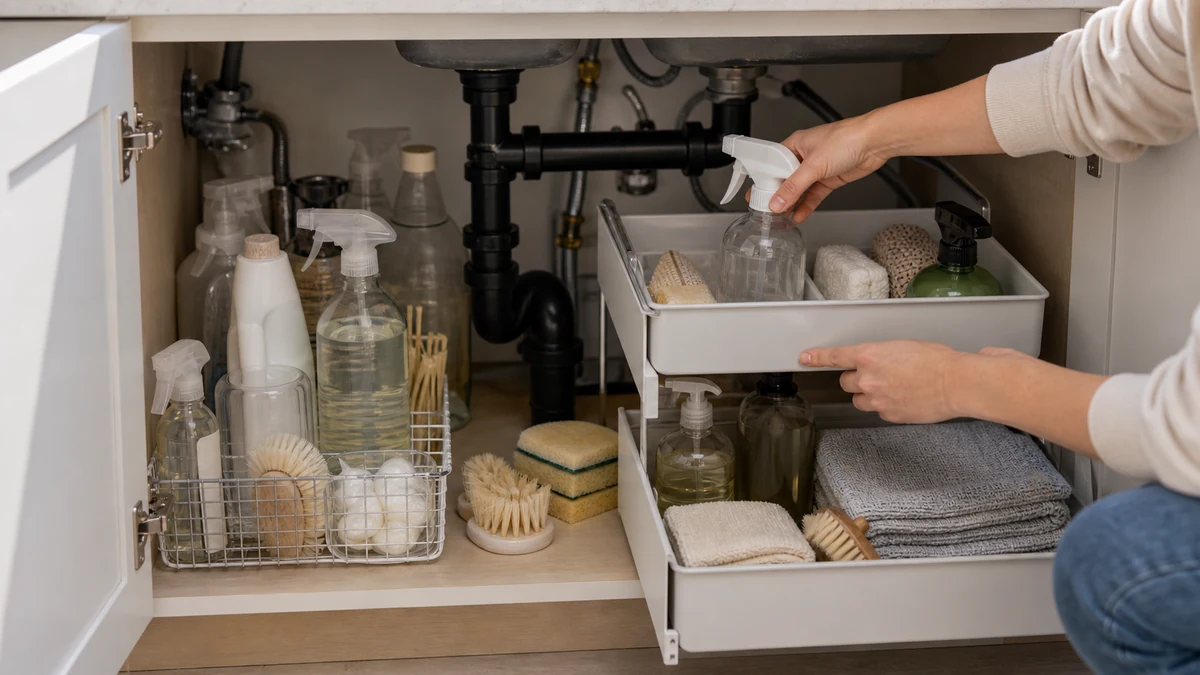 Messy under sink cabinet being reorganized with pull out storage - under sink organizer