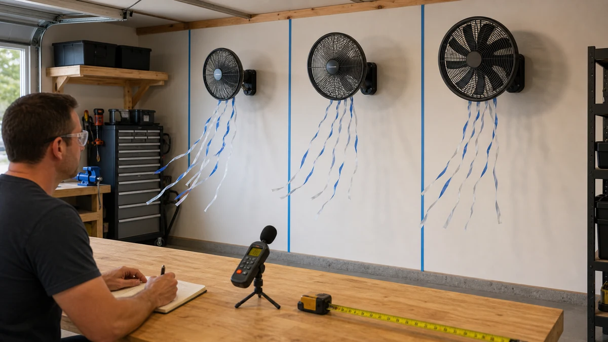 Wall mount garage fan comparison testing setup