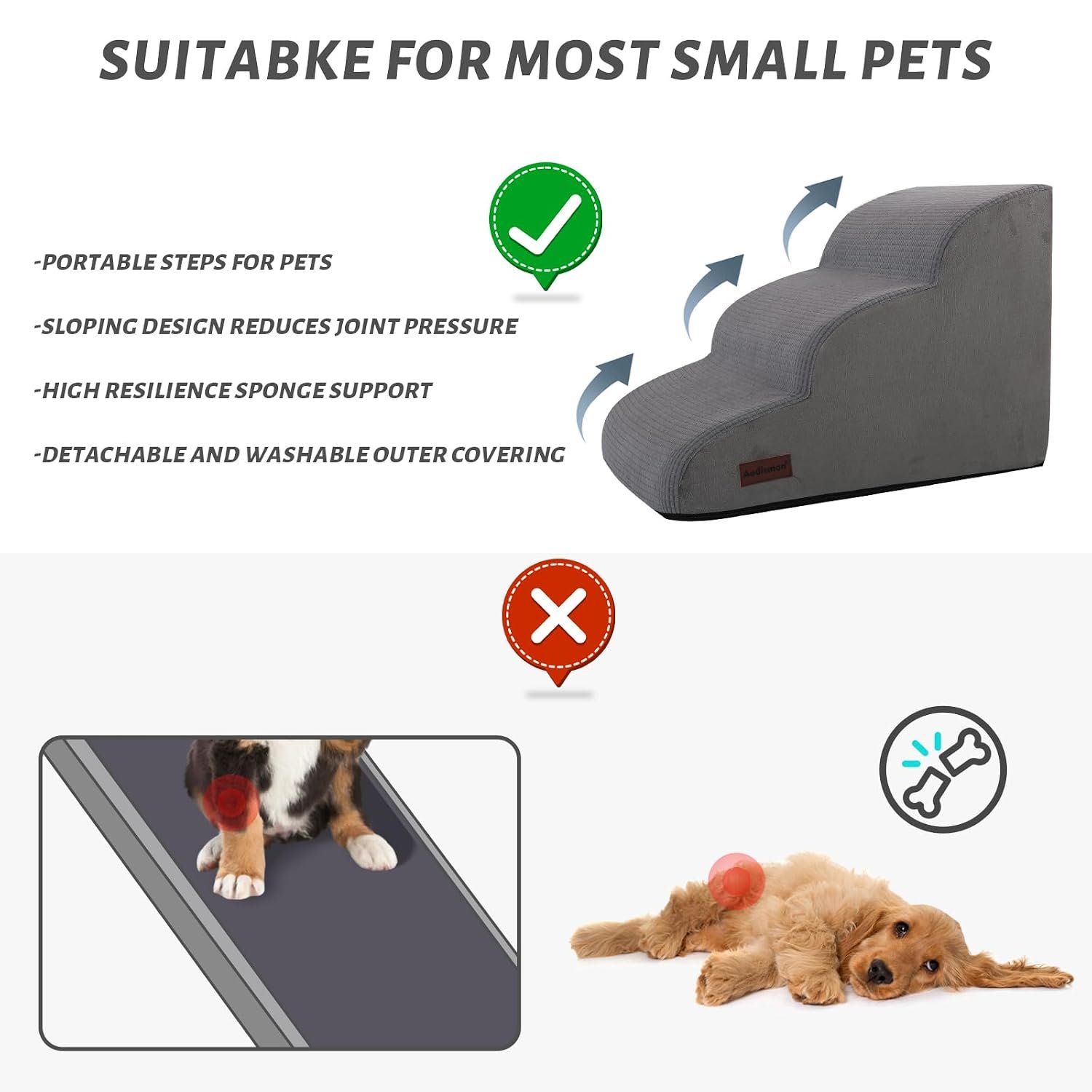 Aodisman Aodisman 3-Step Dog Ramp and Stairs Sofa and Chair Non-Slip Sturdy Pet Steps product gallery image 4 showing dog stair features