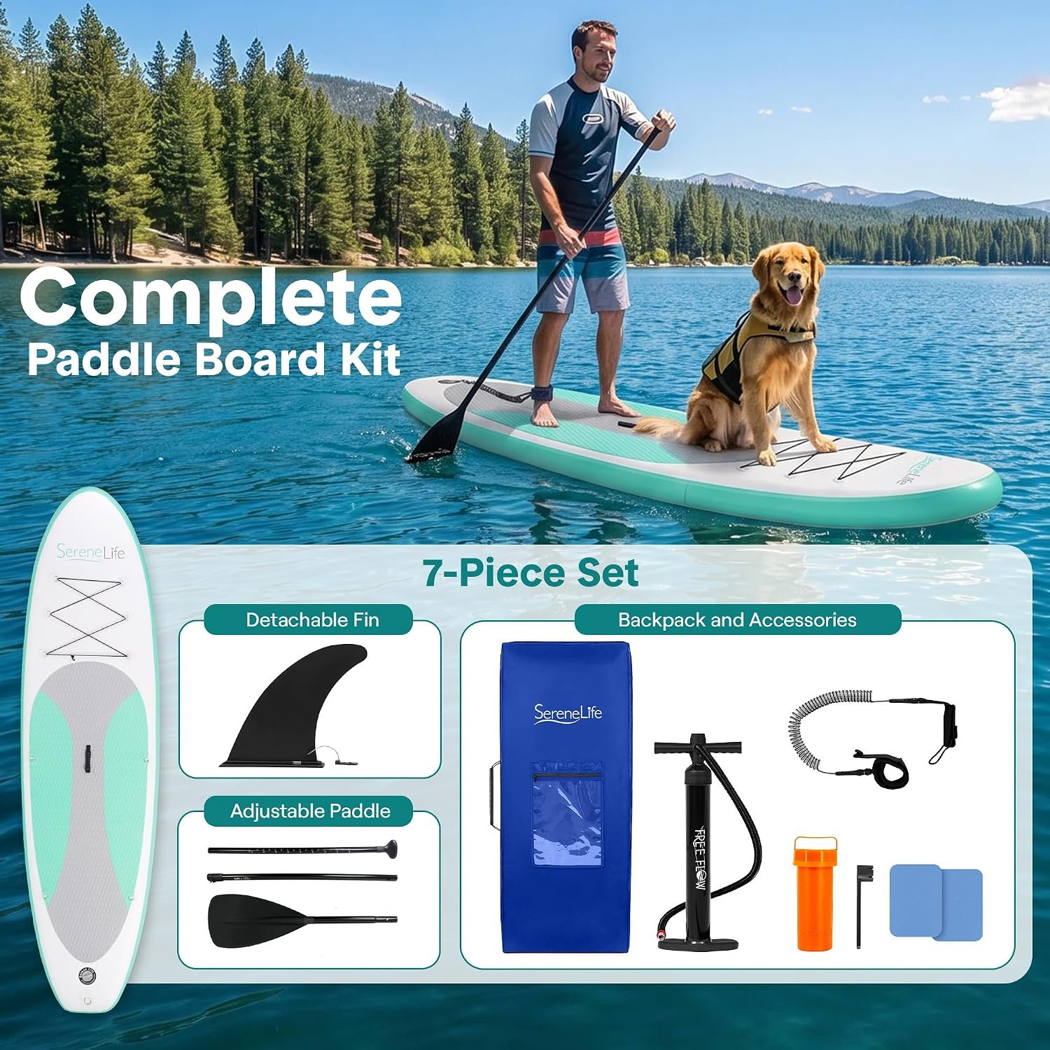 SereneLife 10 ft Inflatable Paddle Board - paddle, pump, leash, and backpack kit