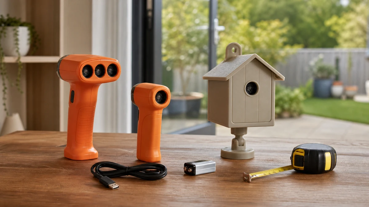 Three ultrasonic bark deterrent form factors with charging and range accessories