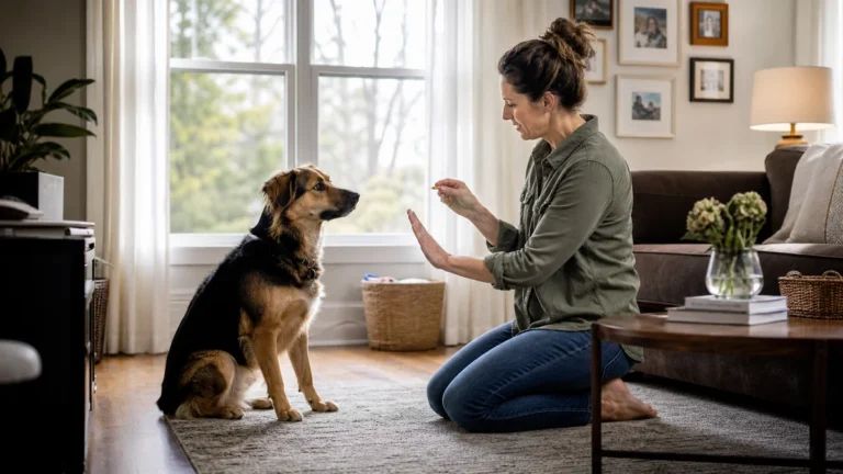 Owner rewarding a dog for quiet attention near a window