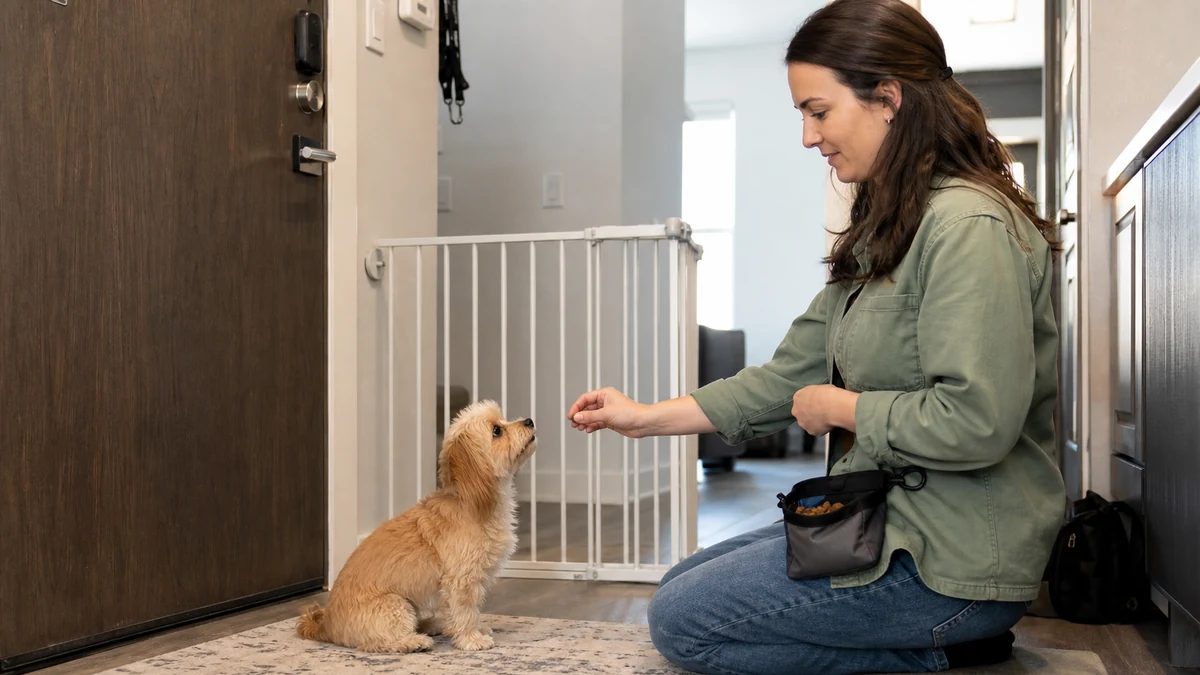Owner practicing a quiet cue and rewarding a calm dog near the door