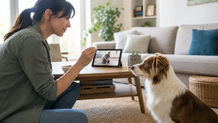 Owner following an online reward-based dog training lesson