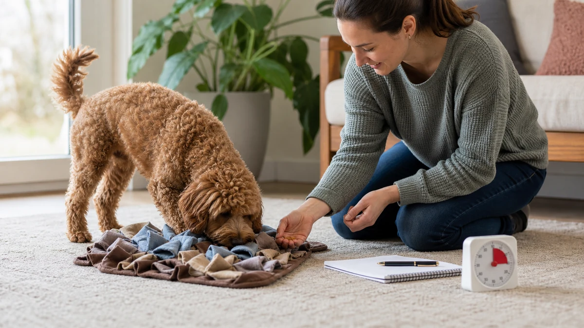 Dog completing a reward-based scent puzzle while the owner tracks progress