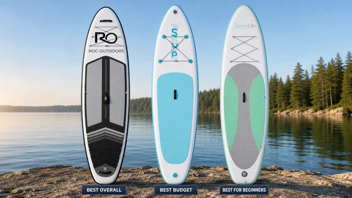 ROC, FunWater, and SereneLife inflatable paddle boards compared at a lake