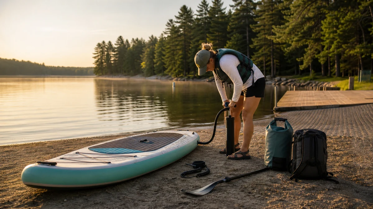 Beginner inflating a paddle board beside a calm US lake in summer