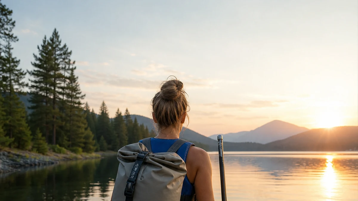 Beginner arriving at a summer lake with an inflatable paddle board