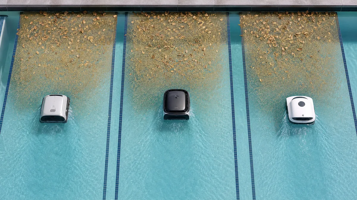 Three robotic pool skimmers in a controlled leaf and pollen comparison