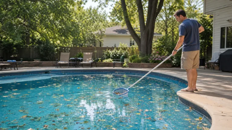 Homeowner manually skimming leaves from a backyard pool