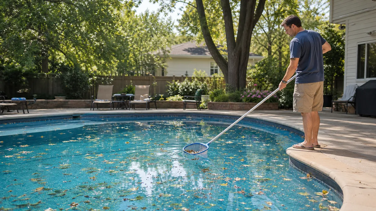 Homeowner manually skimming leaves from a backyard pool