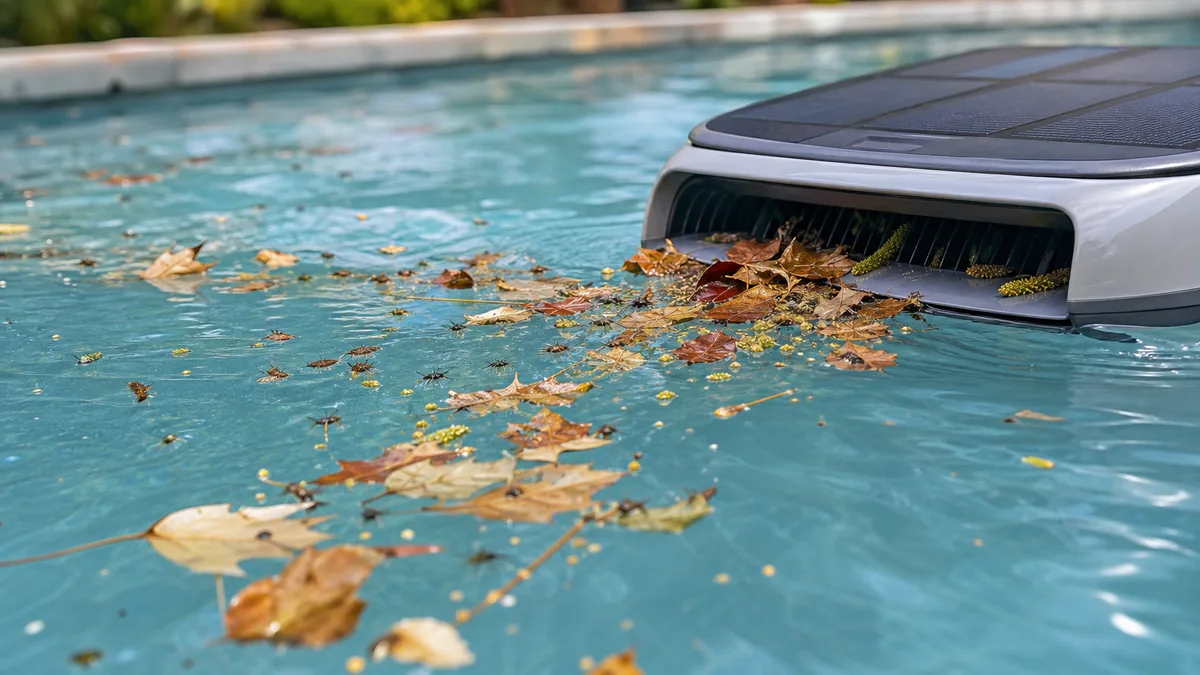 Leaves and pollen entering a robotic pool surface skimmer