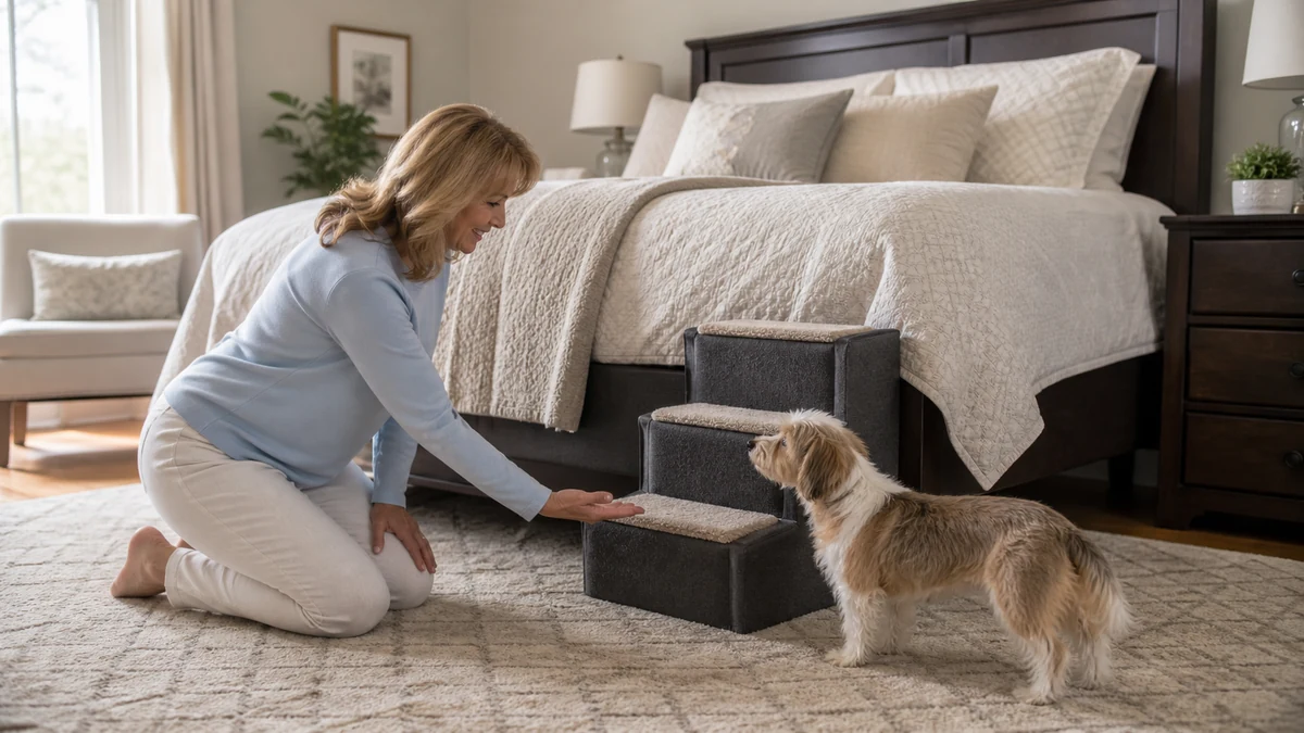 Dog Stairs for High Bed Trend 2026: Why Pet Parents Are Buying Safer Climbs 2 Senior small dog approaching pet stairs beside a high bed
