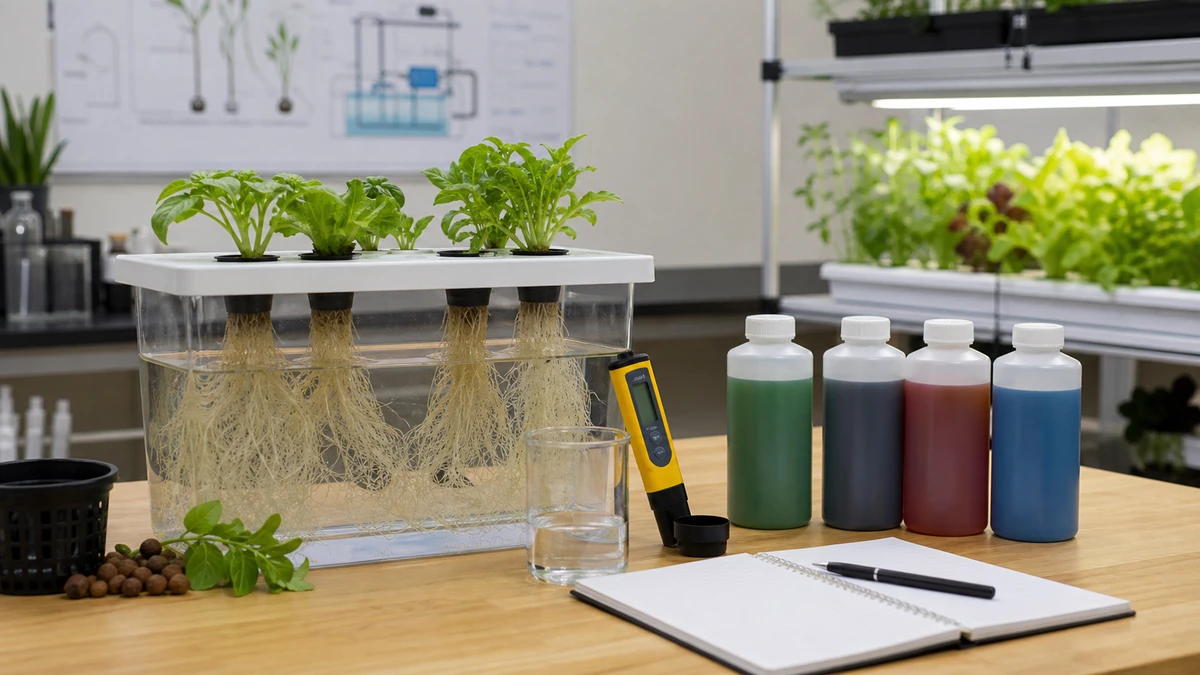 Hydroponic course analysis educational image with pH meter and plant roots