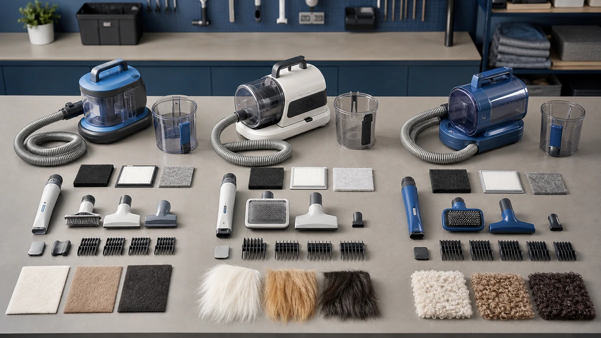 Comparison scene showing grooming vacuum bins, hoses, filters, attachments, and different dog coat swatches