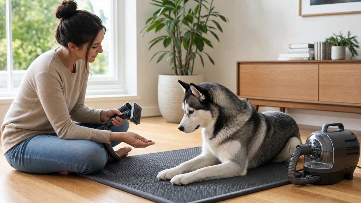 Owner calmly introducing a switched-off grooming vacuum brush to a relaxed dog - pet grooming vacuum trend 2026