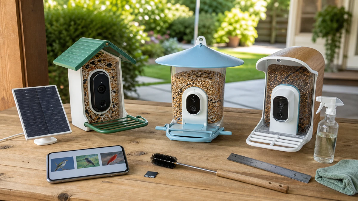 Comparison workbench showing smart bird feeder cameras, solar panels, storage card, phone screens, and cleaning tools