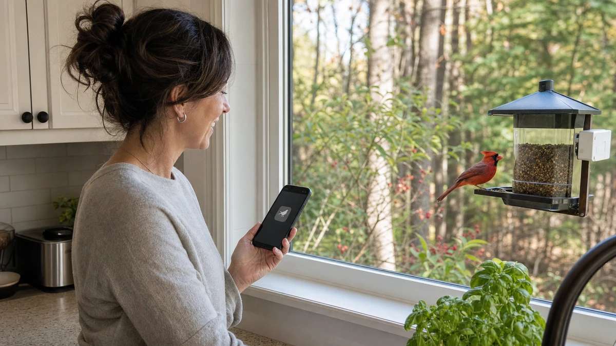 Homeowner checking a smart bird feeder camera alert as a cardinal visits a clean backyard feeder