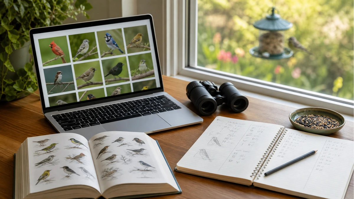 Laptop, binoculars, field guide, and bird observation notes beside a backyard window