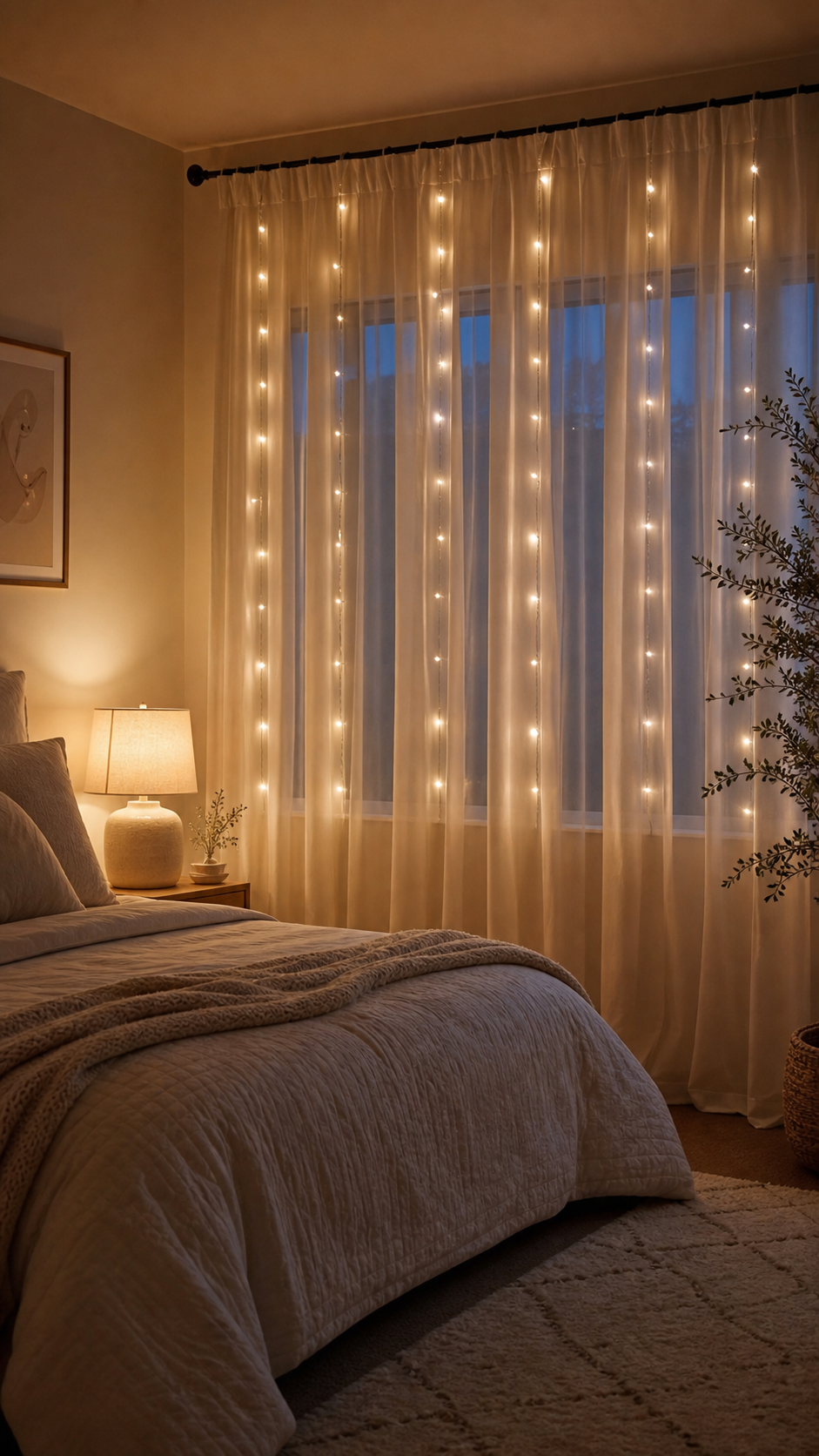 Warm White Curtain Lights Are the Bedroom Trend Buyers Want in 2026 2 Warm white curtain lights glowing behind sheer curtains in a cozy bedroom