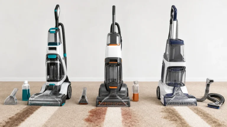 Editorial comparison image of three carpet cleaner machines on carpet