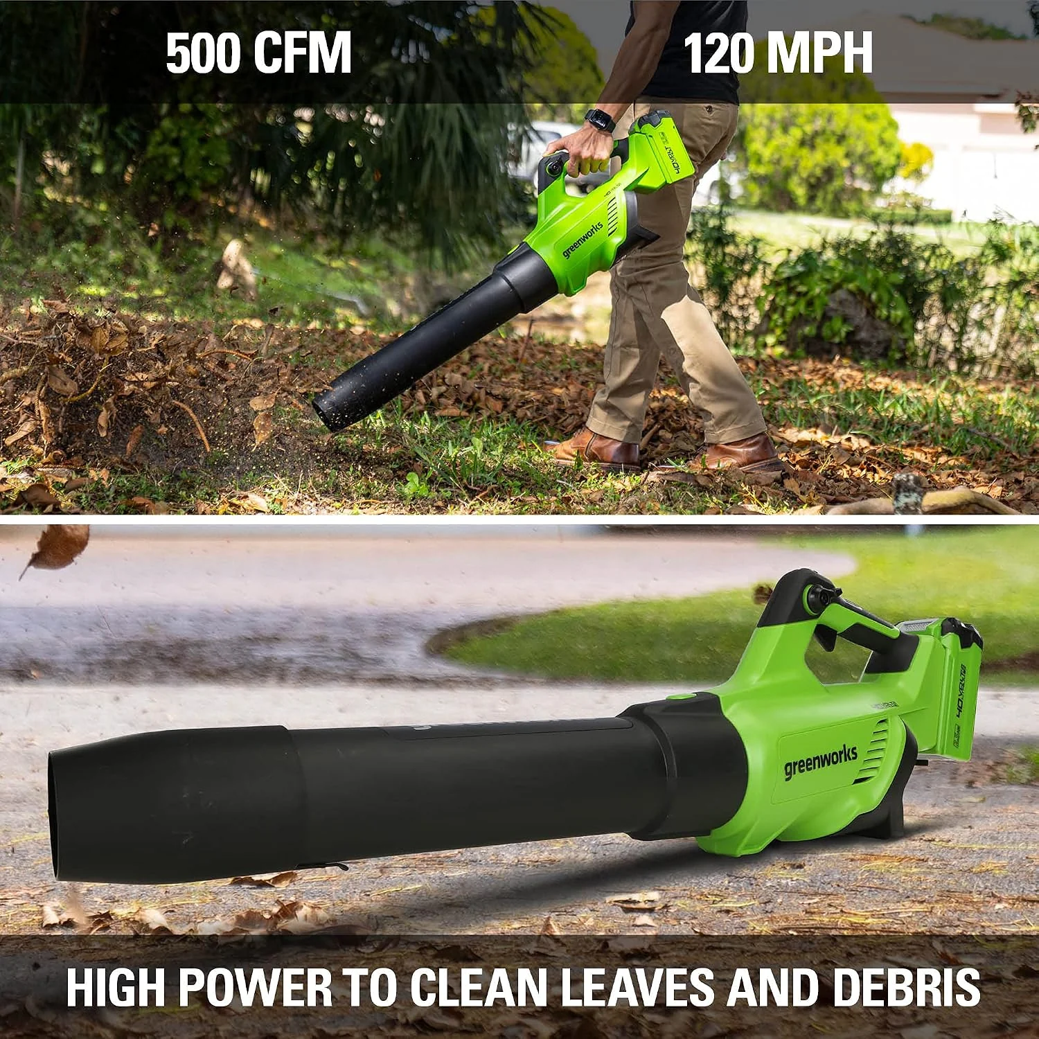 Greenworks 40V 500 CFM Leaf Blower Review (2026) 4 Greenworks 40V 500 CFM cordless leaf blower kit - battery and charger detail