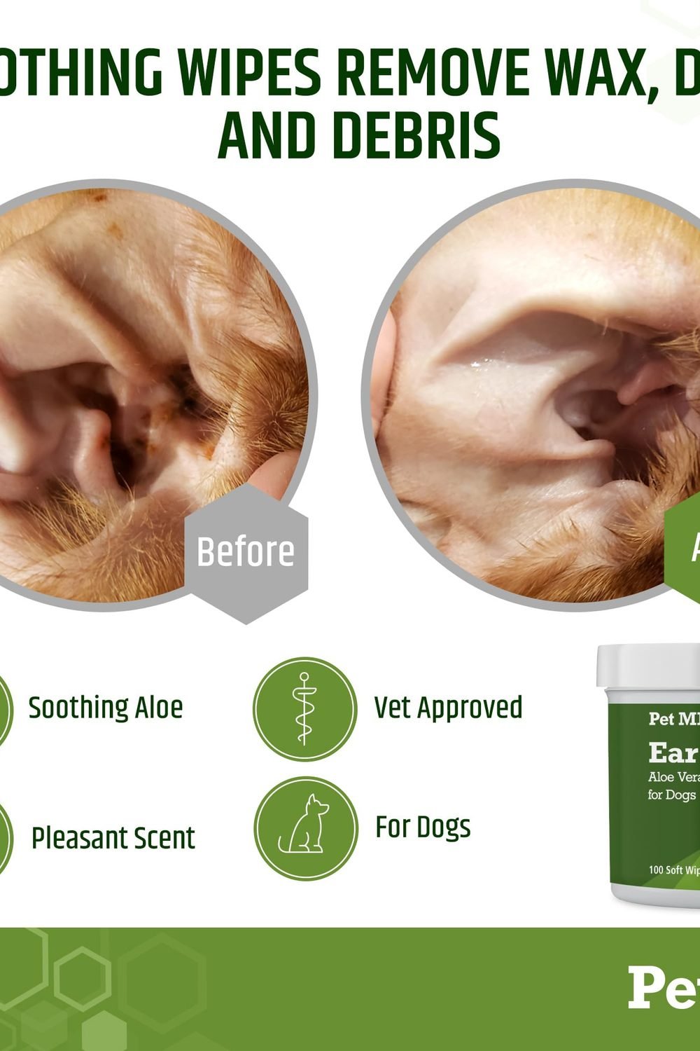 Pet MD Dog Ear Cleaning Wipes - Otic Cleanser Dogs - 100 ct side angle and details - Pet MD Dog Ear Cleaning Wipes - Otic Cleanser Dogs - 100 ct