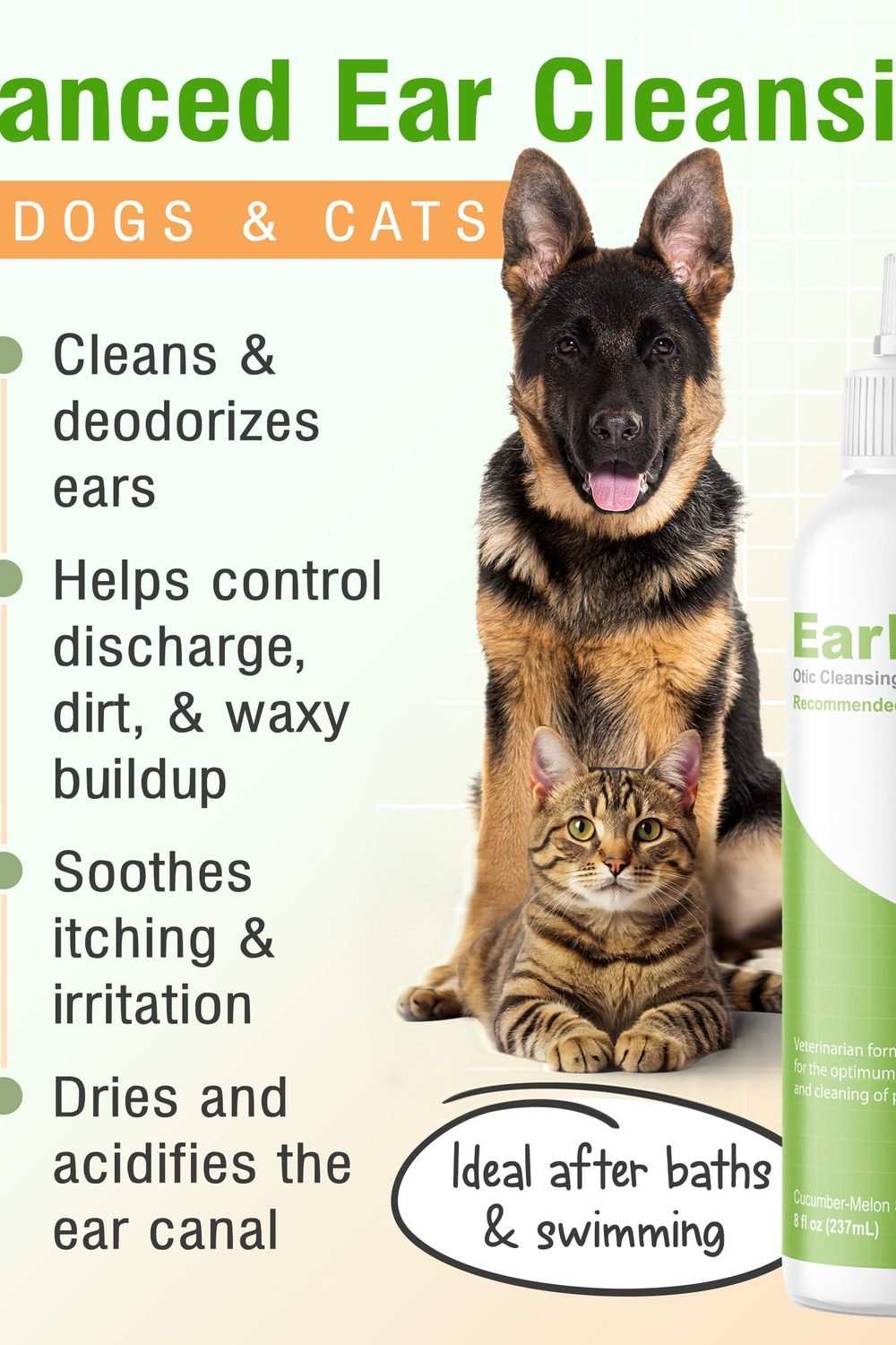 VetWELL Ear Cleaner Dogs and Cats - Cucumber Melon - 8 oz side angle and details - VetWELL Ear Cleaner Dogs and Cats - Cucumber Melon - 8 oz