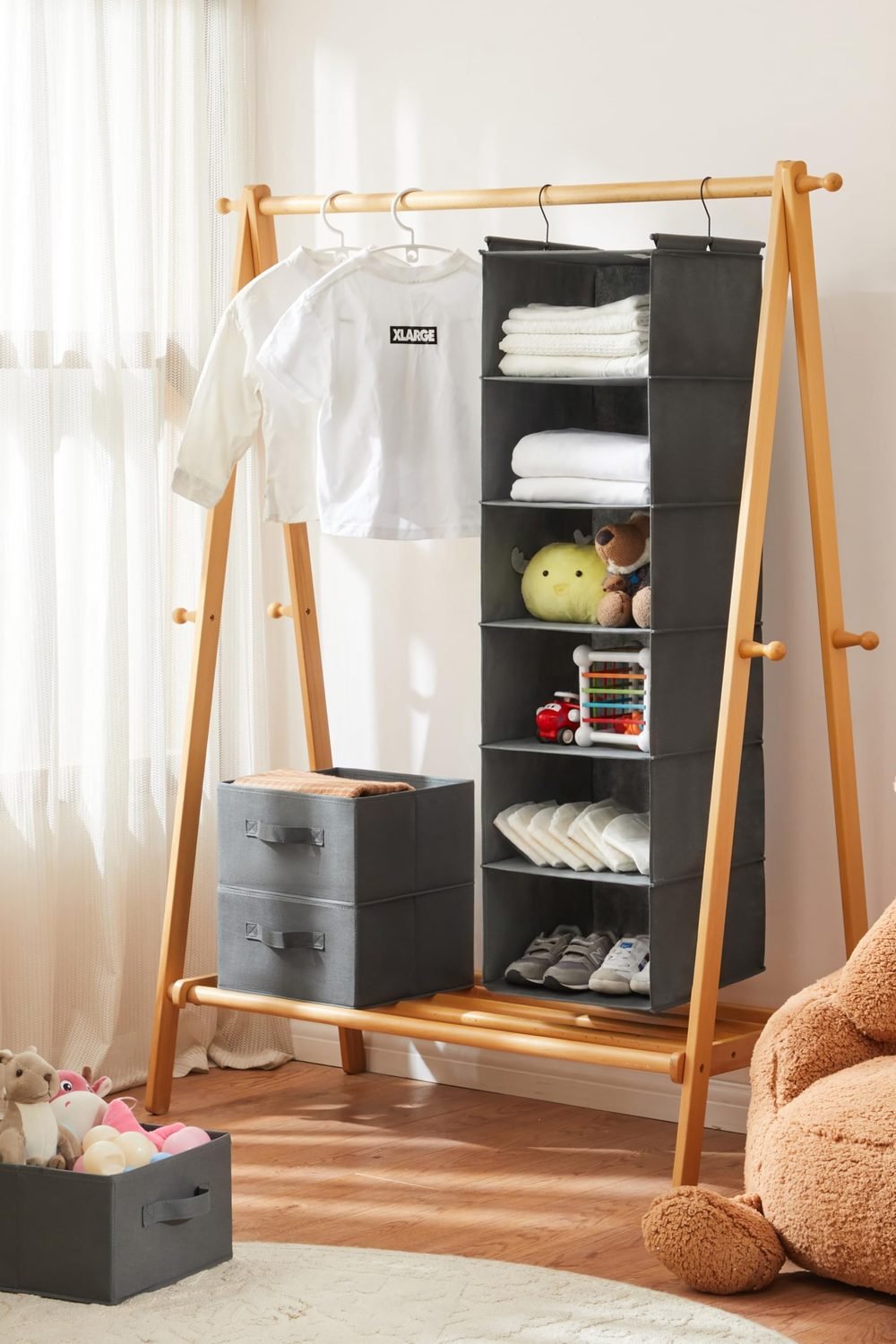 MAX Houser 6 Tier Hanging Closet Organizer with 2 Sturdy Hooks, Grey side angle and details - MAX Houser 6 Tier Hanging Closet Organizer with 2 Sturdy Hooks, Grey