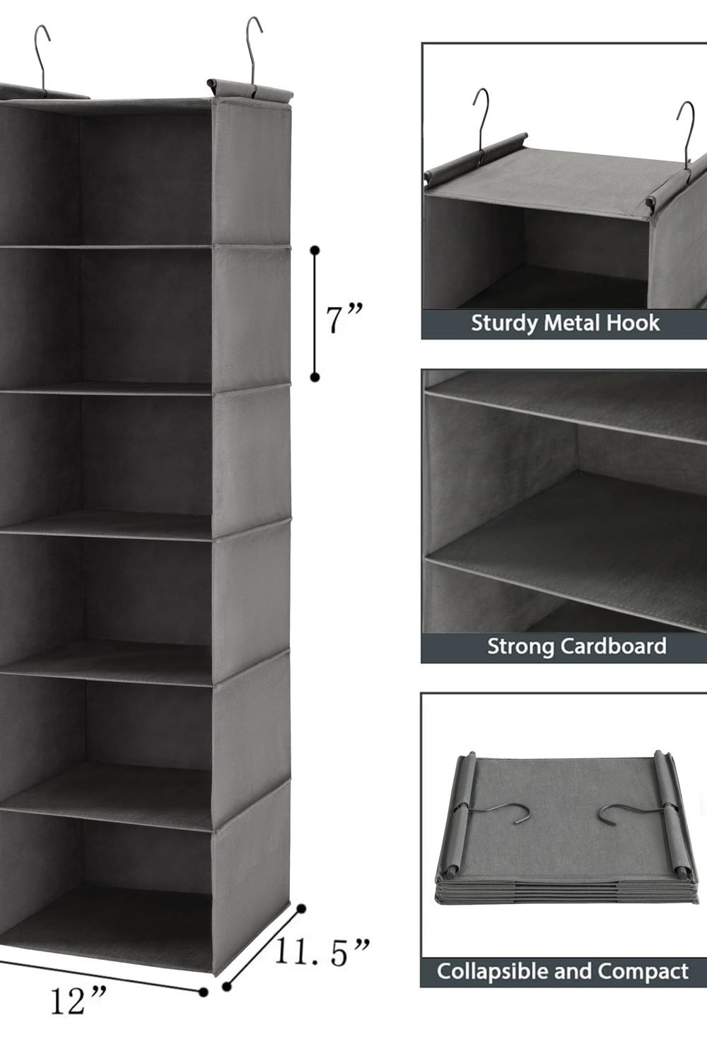 MAX Houser 6 Tier Hanging Closet Organizer with 2 Sturdy Hooks, Grey packaging and contents - MAX Houser 6 Tier Hanging Closet Organizer with 2 Sturdy Hooks, Grey