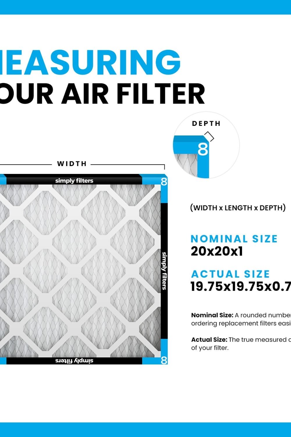 Simply 20x20x1 Air Filter, Merv 8, MPR 600, 6 Pack, Furnace Air Filter HVAC (Actual Size: 19.75"x19.75"x0.75") DUST, Pet, & Allergy Control side angle and details - Simply 20x20x1 Air Filter, Merv 8, MPR 600, 6 Pack, Furnace Air Filter HVAC (Actual Size: 19.75"x19.75"x0.75") DUST, Pet, & Allergy Control