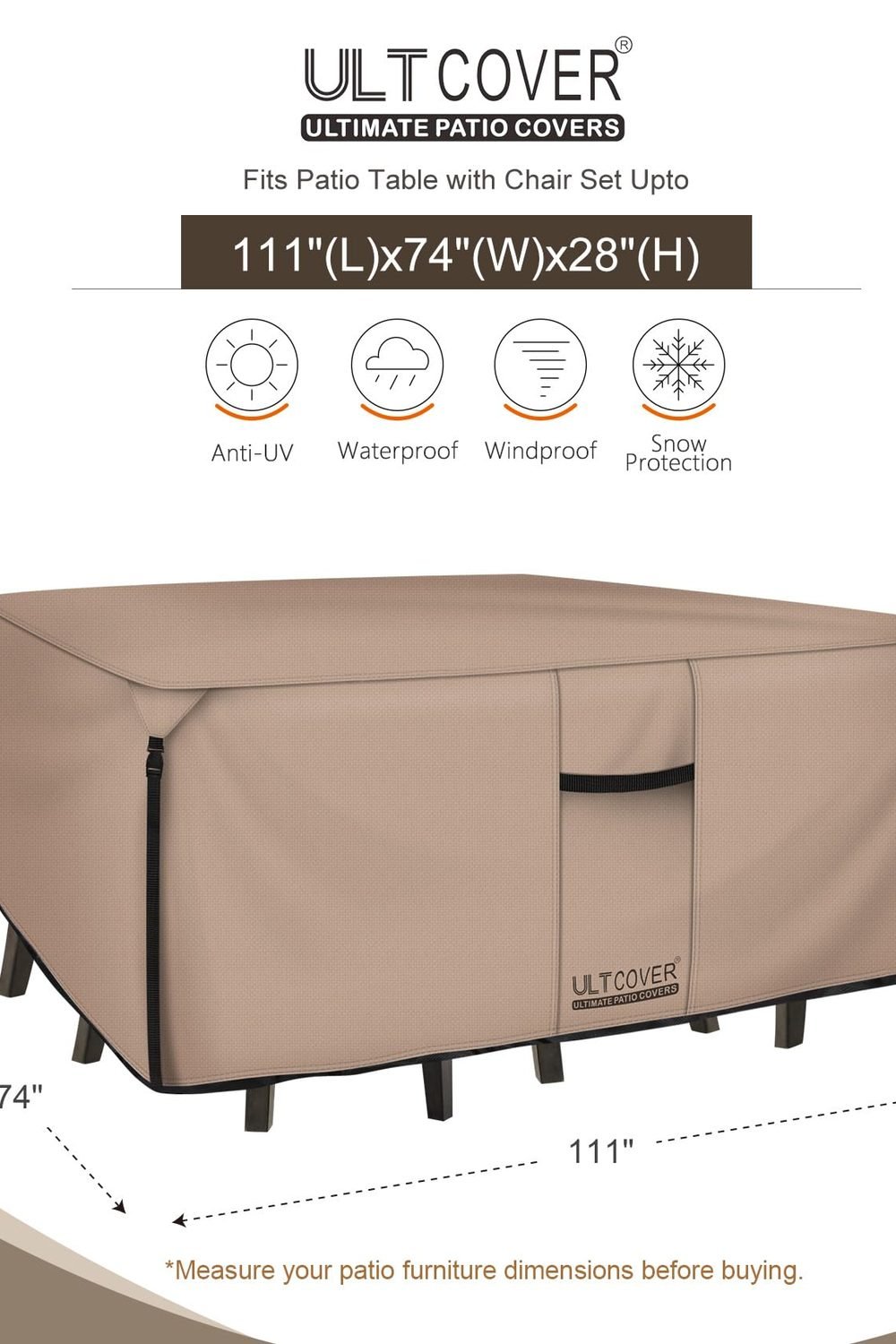 ULTCOVER Waterproof Patio Furniture Cover 111L x 74W in side angle and details - ULTCOVER Waterproof Patio Furniture Cover 111L x 74W in