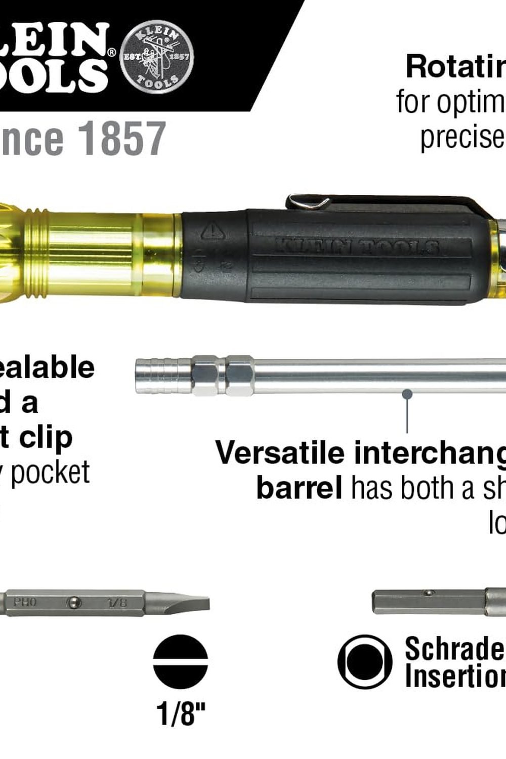 Klein Tools 32613 Multi-Bit Screwdriver, Precision HVAC 3-in-1 Pocket Screwdriver with Phillips, Slotted and Schrader Bits side angle and details - Klein Tools 32613 Multi-Bit Screwdriver, Precision HVAC 3-in-1 Pocket Screwdriver with Phillips, Slotted and Schrader Bits