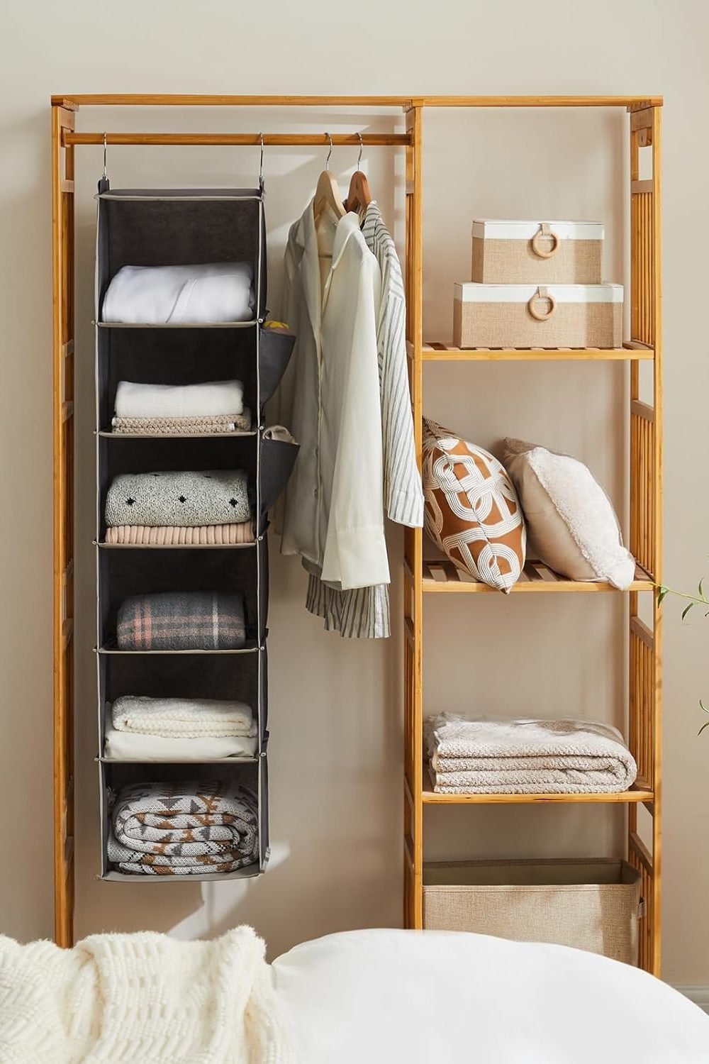 YOUDENOVA Hanging Closet Organizer and Storage, 6-Shelf, Grey side angle and details - YOUDENOVA Hanging Closet Organizer and Storage, 6-Shelf, Grey