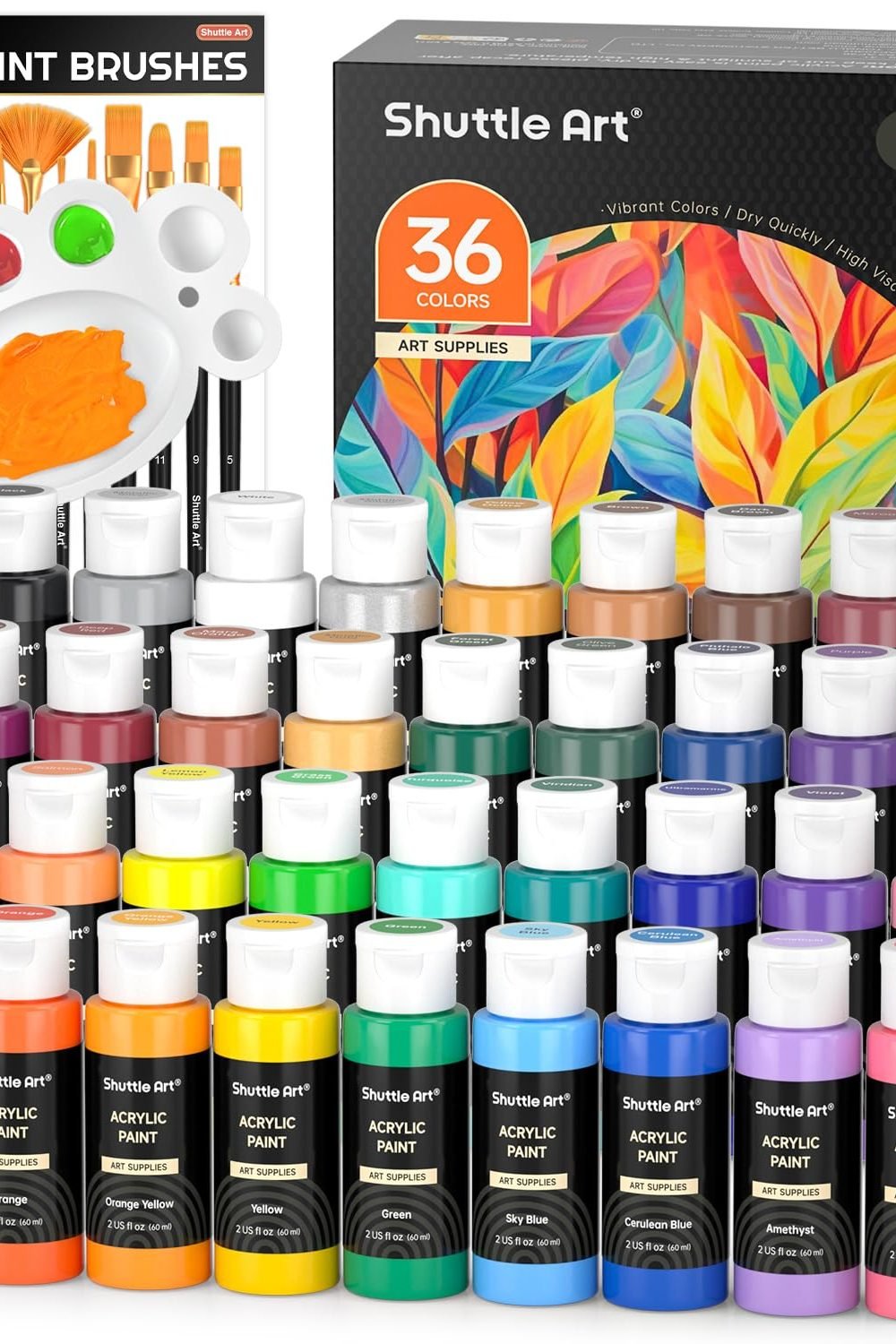 Shuttle Art Acrylic Paint Review (2026) 1 Shuttle Art Acrylic Paint, 36 Colors Acrylic Paint Set with Brushes & Palette, 2oz/60ml Bottles, Rich Pigments Non-toxic for Artists Kids & Adults, Painting on Canvas Rocks Ceramic Wood shown on its Amazon listing
