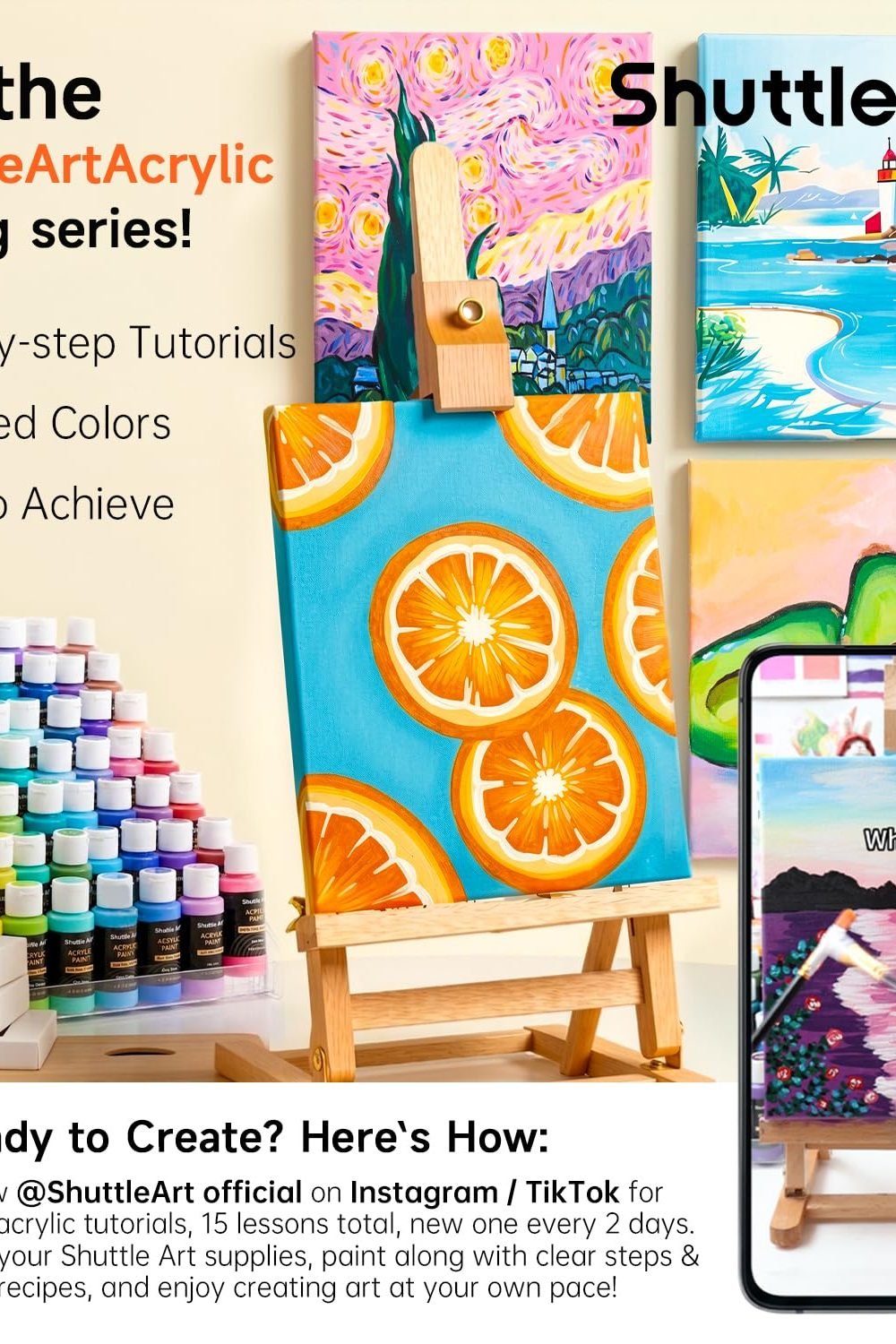 Shuttle Art Acrylic Paint, 36 Colors Acrylic Paint Set with Brushes & Palette, 2oz/60ml Bottles, Rich Pigments Non-toxic Artists Kids & Adults, Painting on Canvas Rocks Ceramic Wood side angle and details - Shuttle Art Acrylic Paint, 36 Colors Acrylic Paint Set with Brushes & Palette, 2oz/60ml Bottles, Rich Pigments Non-toxic Artists Kids & Adults, Painting on Canvas Rocks Ceramic Wood